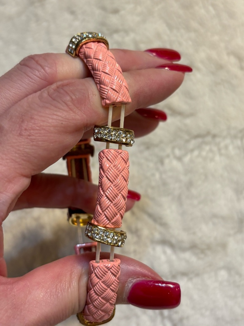 Peachy Pink Bracelet Braided design Gold-tone Ring Accents with Crystals Elastlc - Picture 7 of 8